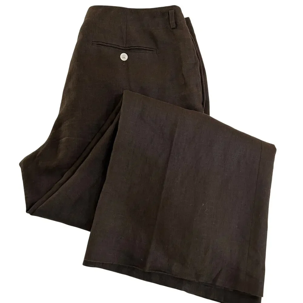 Lauren Ralph Lauren Linen Wide Leg Pants Brown Flat Front Trouser Women 12 - Picture 4 of 8